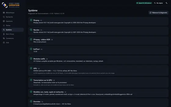 La page Système : le diagnostic ligne par ligne, puis les réglages de l'analyse.