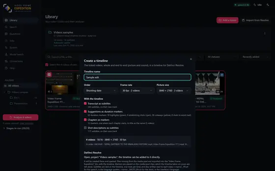The “Create a timeline” dialog: name, order, frame rate, picture format, and the four options with their counts.