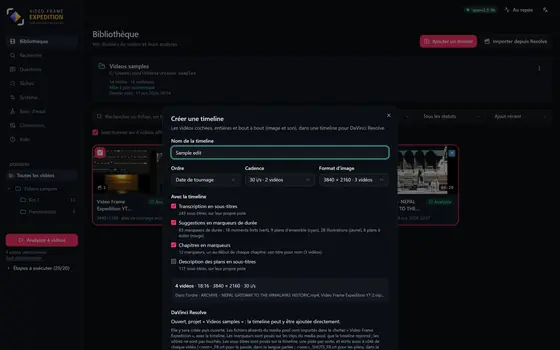 Le dialogue « Créer une timeline » : nom, ordre, cadence, format d'image, et les quatre options avec leurs comptes.