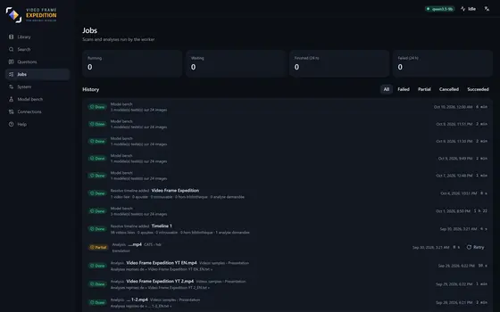 The Jobs page: the counters, then the dated history of the analyses with their duration.