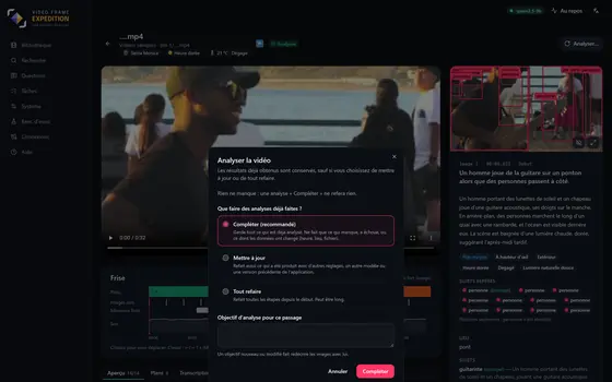 Le dialogue « Analyser… » d'une vidéo : reprendre certaines étapes seulement.