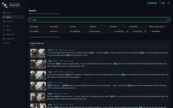 The Search page: a query, the filters, and the passages found with their frame and timestamp.