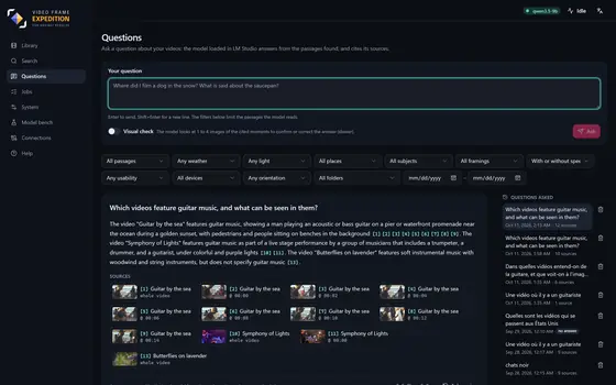The Questions page: an answer of the model with its references and the list of sources.