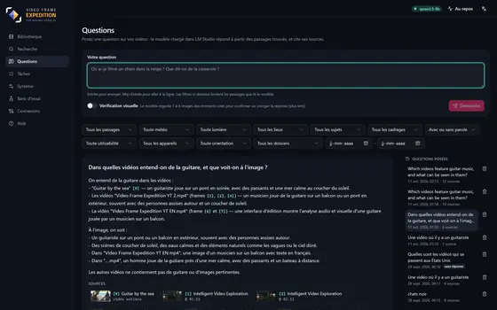 La page Questions : une réponse du modèle avec ses appels de note et la liste des sources.