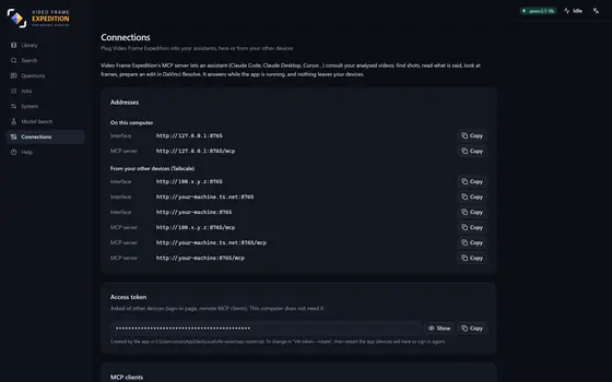 The Connections page: addresses, access token, MCP configurations per client, and the DaVinci Resolve section.