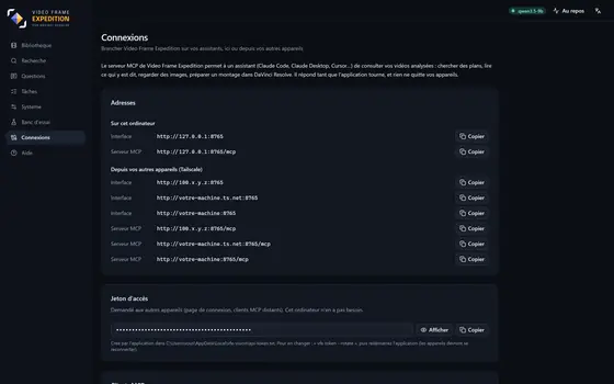 La page Connexions : adresses, jeton d'accès, configurations MCP par client, et la section DaVinci Resolve.