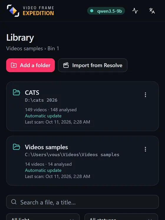 The library at phone width: header, then a column of thumbnails.