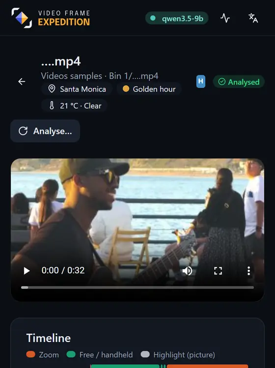 A video's page at phone width: the player and the timeline first.
