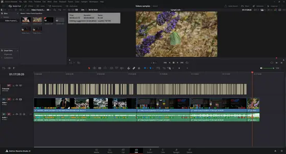 DaVinci Resolve : le projet « Videos samples » ouvert, sa timeline « Sample edit » de 4 plans, avec la transcription en sous-titres et les marqueurs.