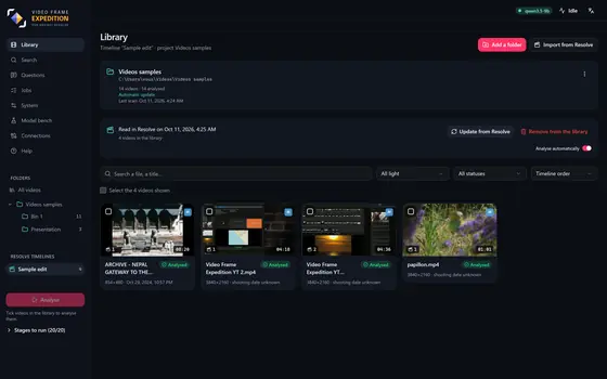 The library after the import: “Sample edit” under “Resolve timelines”, its videos in the timeline's order, and the “Update from Resolve” button.