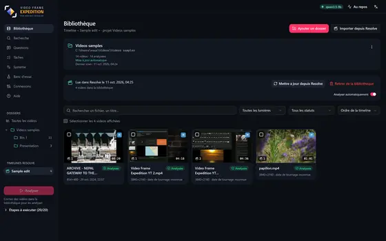 La bibliothèque après l'import : « Sample edit » sous « Timelines Resolve », ses vidéos dans l'ordre de la timeline, et le bouton « Mettre à jour depuis Resolve ».